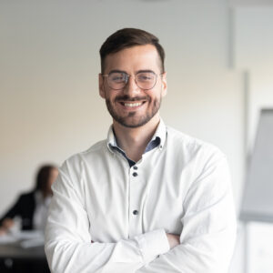 Confident,Smiling,Business,Man,Professional,Coach,Wear,Glasses,Stand,Arms